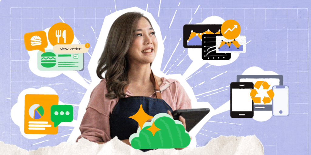 Woman using restaurant POS systems through a tablet.
